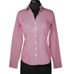 Express Women's Shirt Button Up Red White Striped V-Neck Stretch Classic Top  M